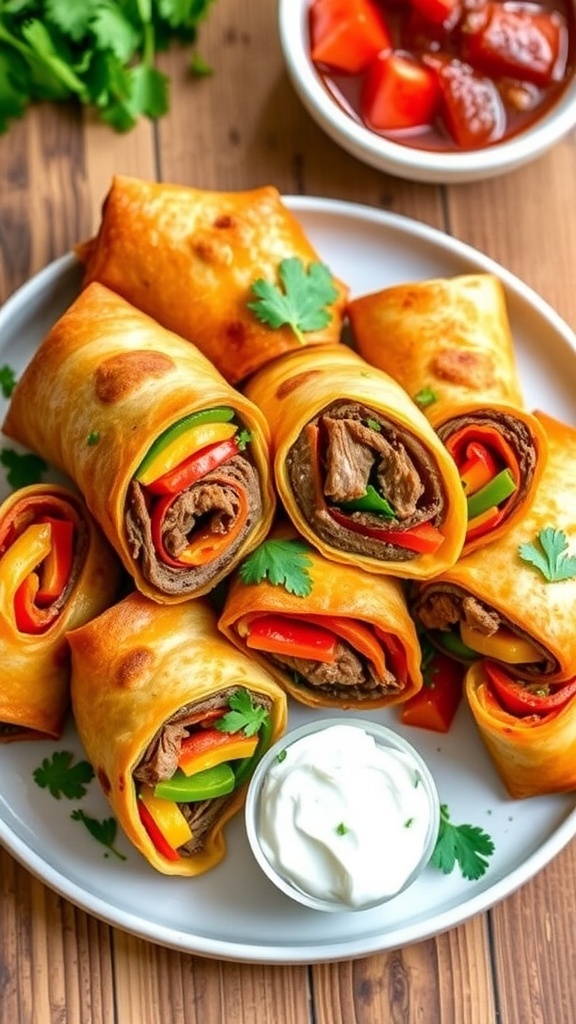 Air Fryer Steak Fajita Roll-Ups Recipe Air fryer steak fajita roll-ups sliced open, showcasing steak and peppers, served with sour cream and salsa.